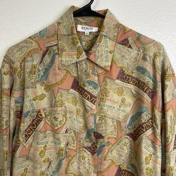 Rouie Women's Silk Blouse Size 12 Button Up Shirt Top Multi Vino Wine Print - Picture 3 of 12